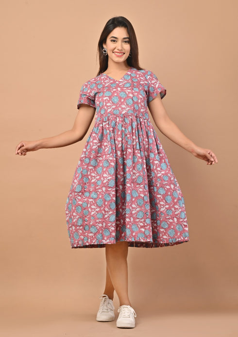 Floral Hand Block Print Midi Dress (CRD09)